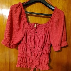 Anthropologie Pink Ruched Peasant Blouse (L)
